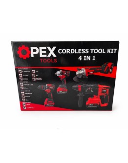 Комплект акумулаторни инструменти OPEX 21V 4в1 гаечен ключ, бормашина, отвертка, ъглошлайф и перфоратор